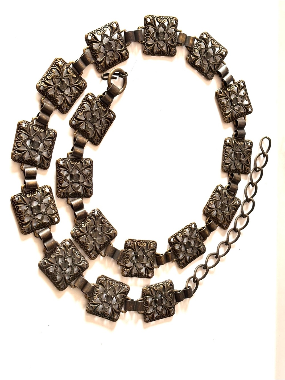 Vintage Women Bronze Tone Metal Chain Belt Classic Floral Design
